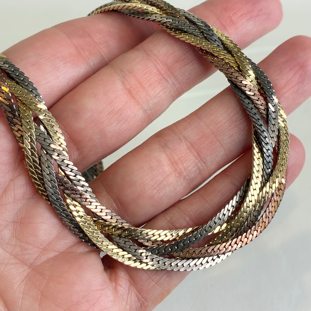 Vintage Herringbone Necklace Tricolor Braided 5 Strand Mixed Metal 24"